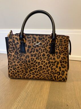 Ferragamo Leopard Print Handbag with Black/Red Trim